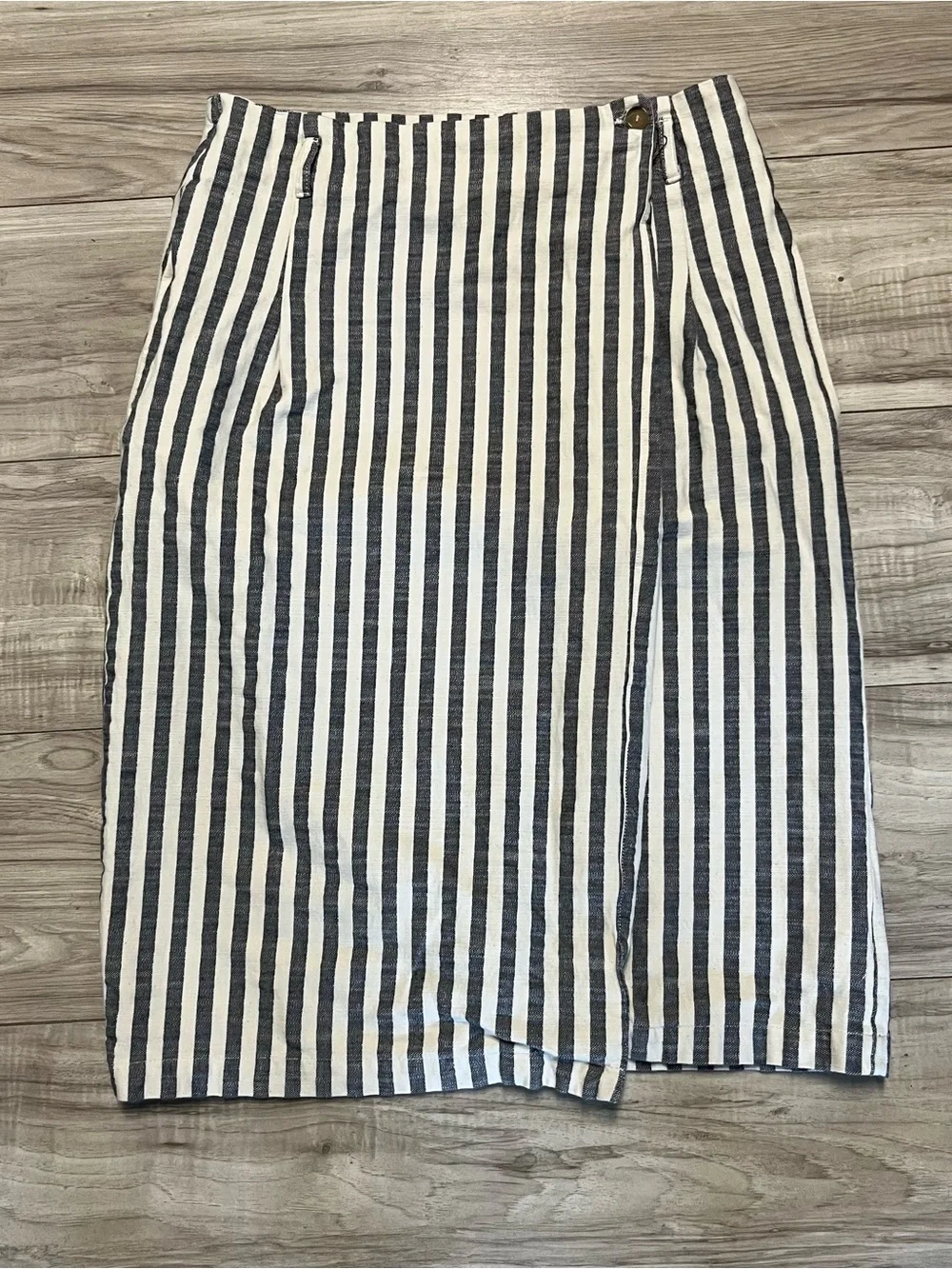 Anthropologie Navy and White Vertical Stripe Wrap Pencil Skirt